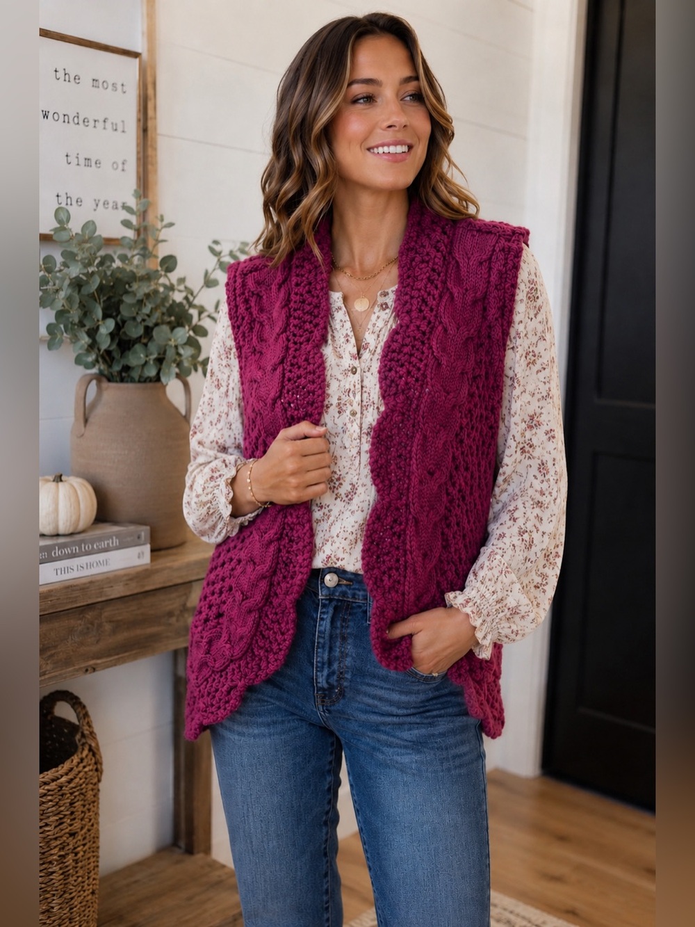 SASSON + SMYTH Chunky Cable Knit Sweater Vest Burgundy  L/XL Boho Cottagecore